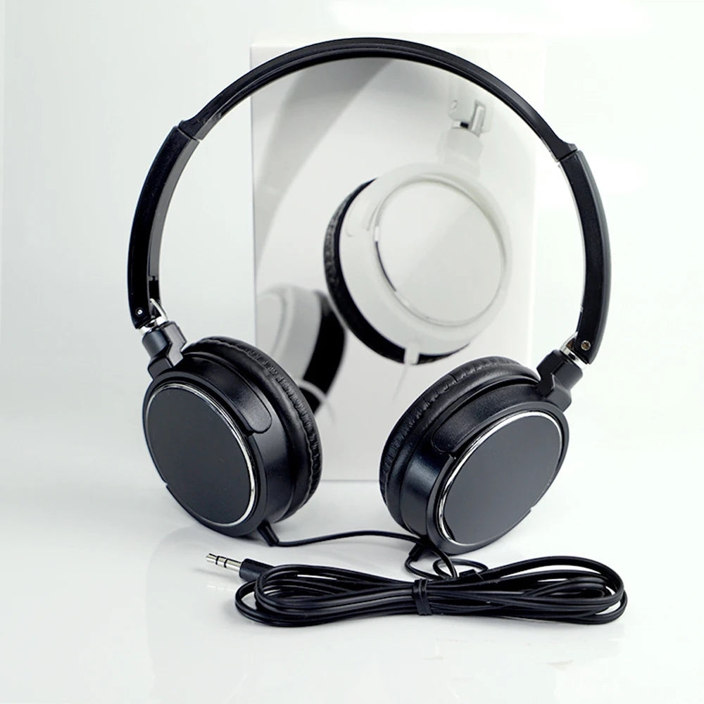 Adjustable Wired Headphone Portable Audio Bass Over Ear Foldable Headphone Black White HiFi Stereo 3.5mm Headset Tablet Supplies